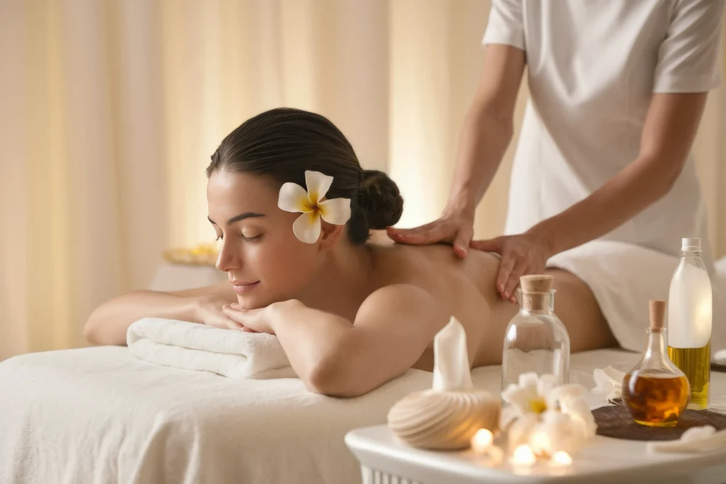 Client receiving a relaxing traditional Thai massage at Palms Thai Massage in San Francisco